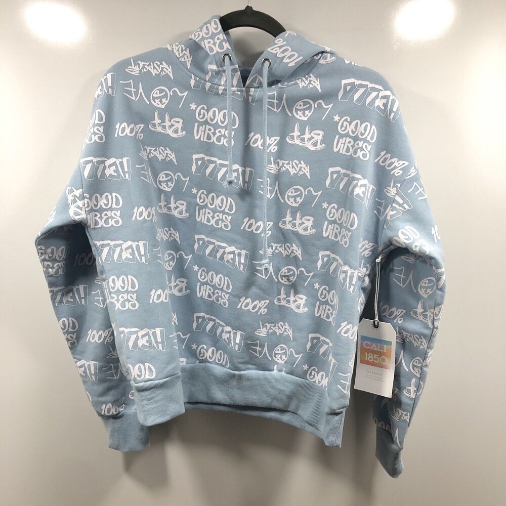 Cali 1850 Hoodie Light Blue White Grafitti Design Long‎ Sleeve Size XS